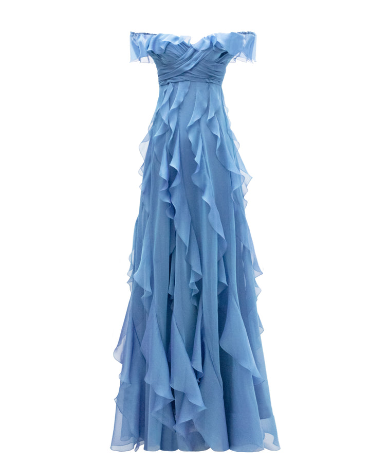 A flared cut off-shoulders blue evening dress featuring fully ruffled details.