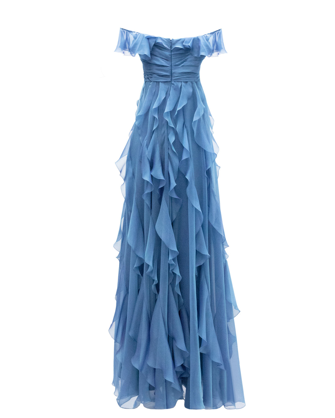 The back of a flared cut off-shoulders blue evening dress featuring fully ruffled details.