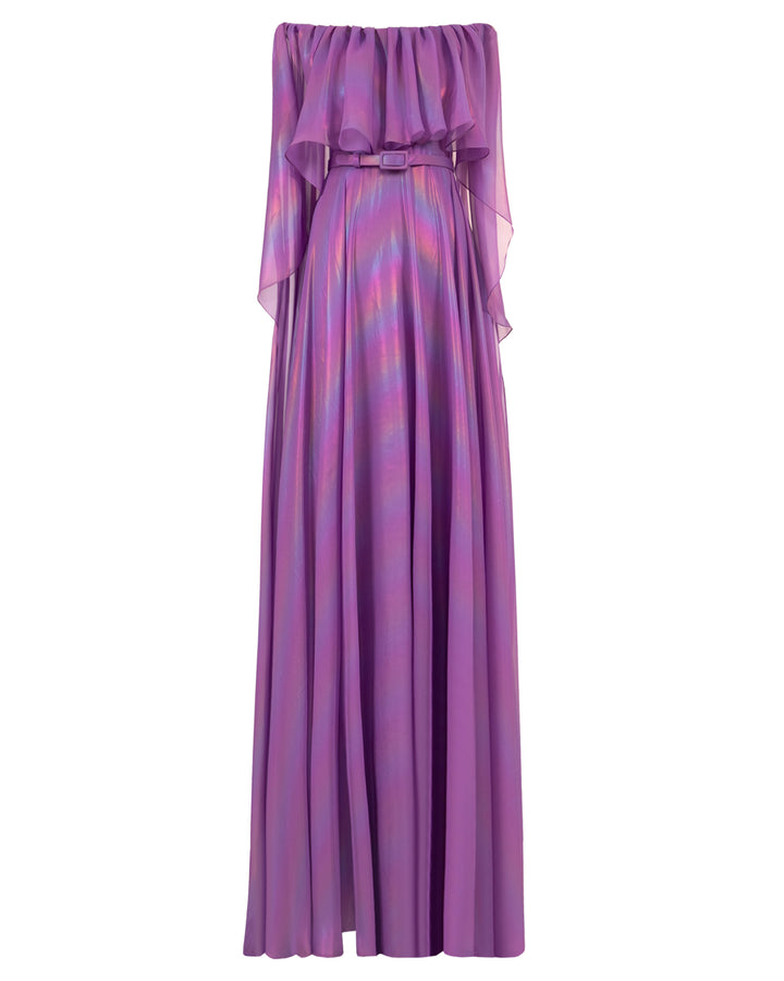 An off-shoulders cape like sleeves, flared cut purple evening dress with ruffled details.