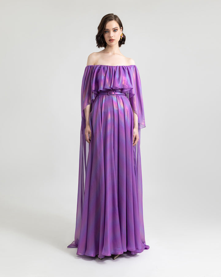 An off-shoulders cape like sleeves, flared cut purple evening dress with ruffled details.