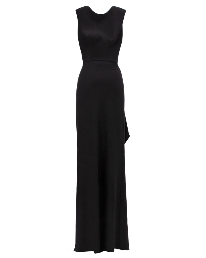 A slim cut black evening dress.