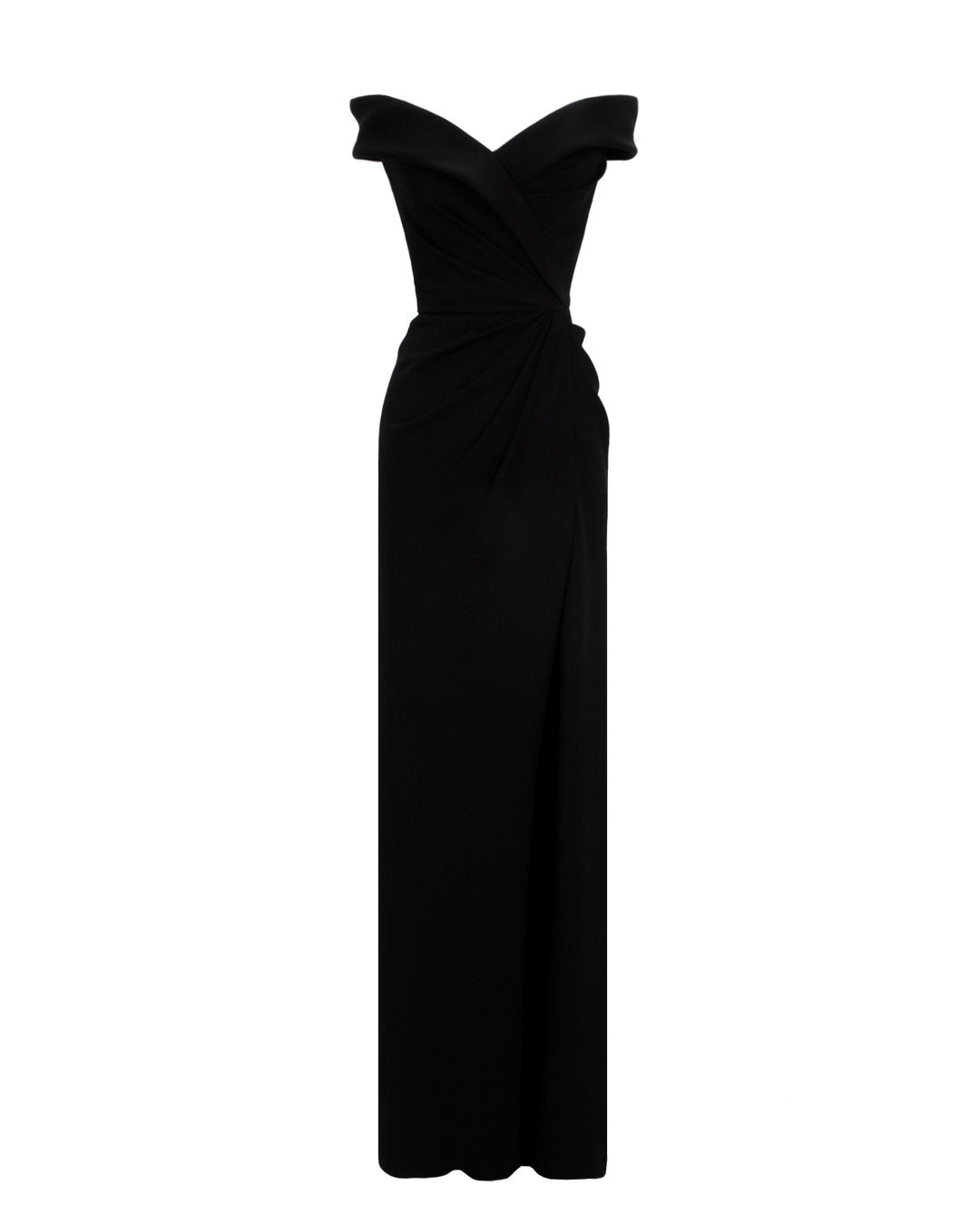 An off-shoulder slim cut crepe long black dress with draping details on the waist and an open slit on the side.