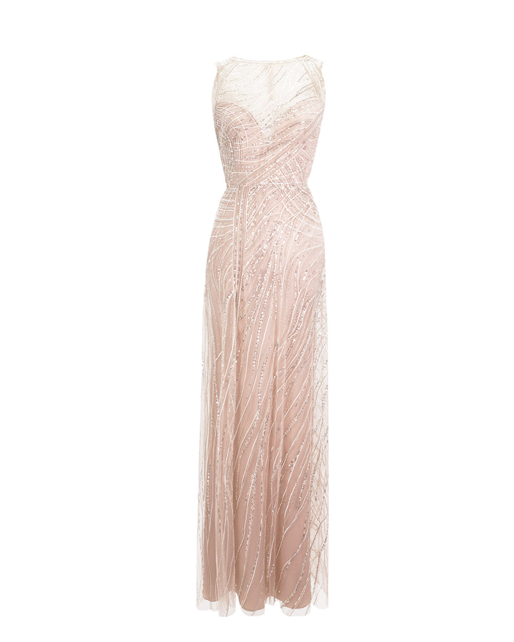 A heart shape corset long pink dress overlayed with sequin fabric and draping details.