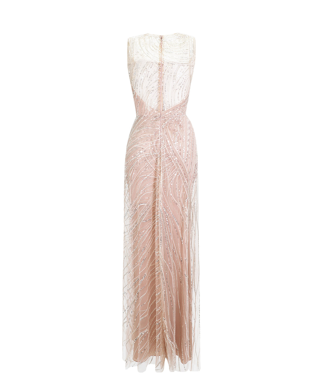 The back of a long pink evening dress with a open back overlayed with sequin fabric.