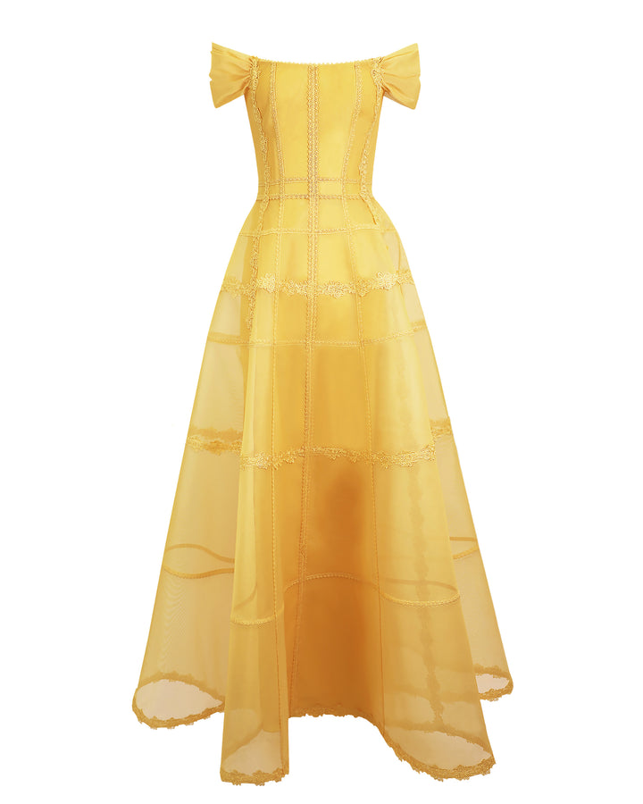 An off-shoulders corset wide long dress in yellow mesh.