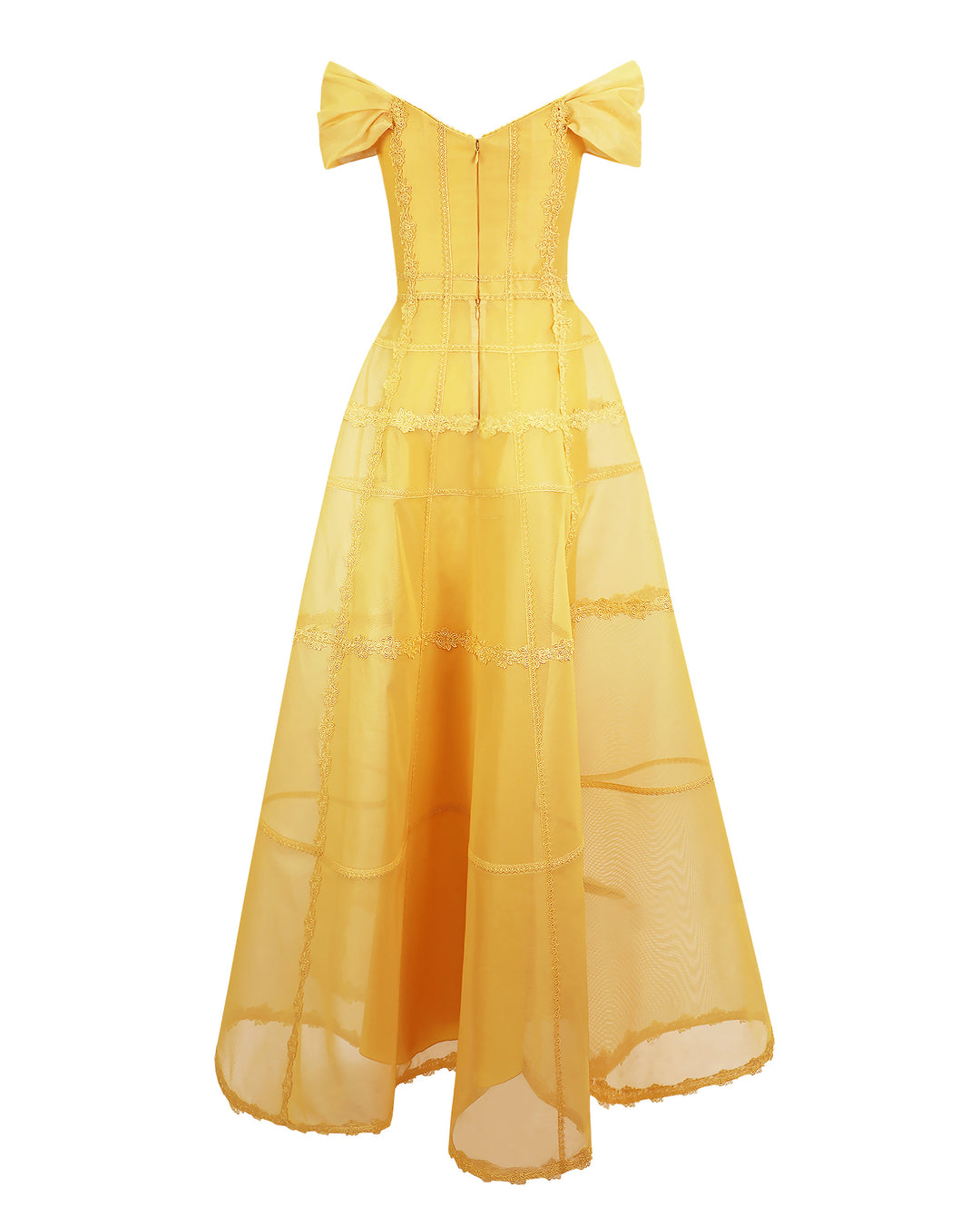 The back of an off-shoulders corset wide long evening dress in yellow mesh.