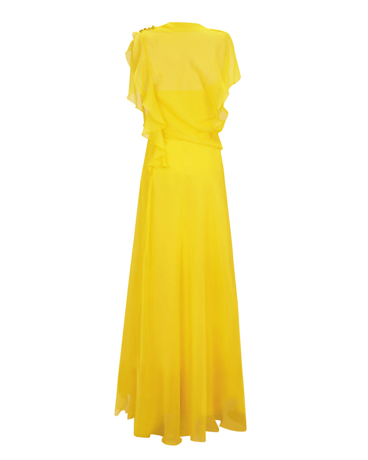 The back of an asymmetrical flared chiffon yellow dress with draping and ruffled details.