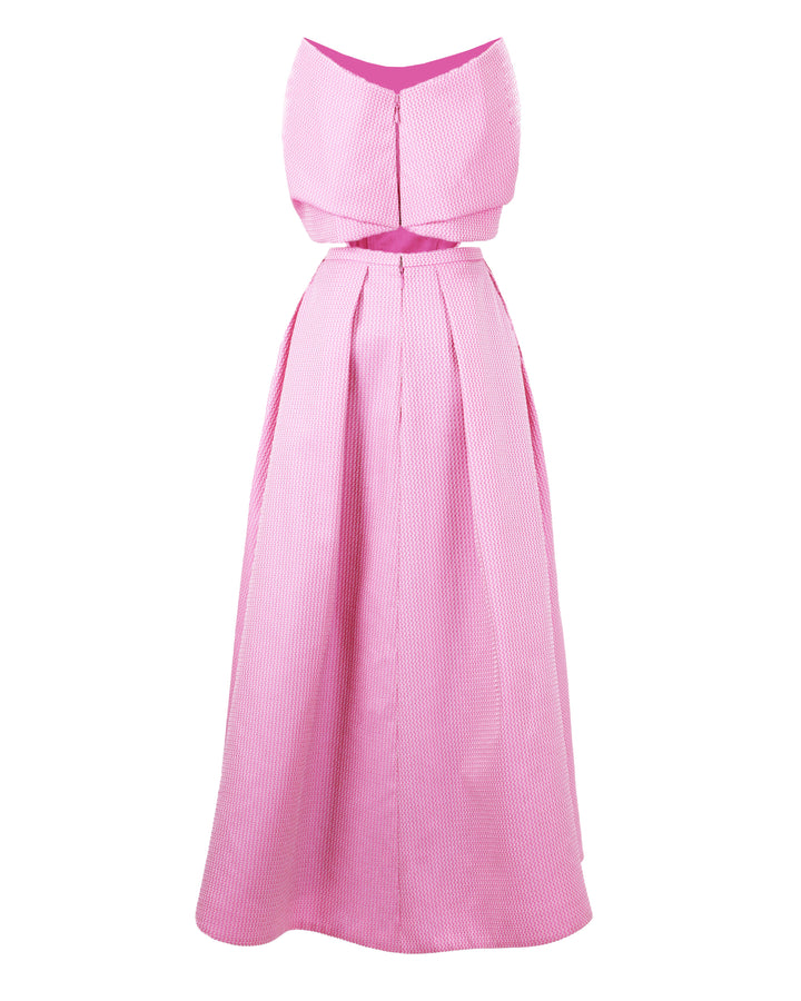 The back of an off-shoulder pink jacquard dress with draping and cut-out details on the sides.