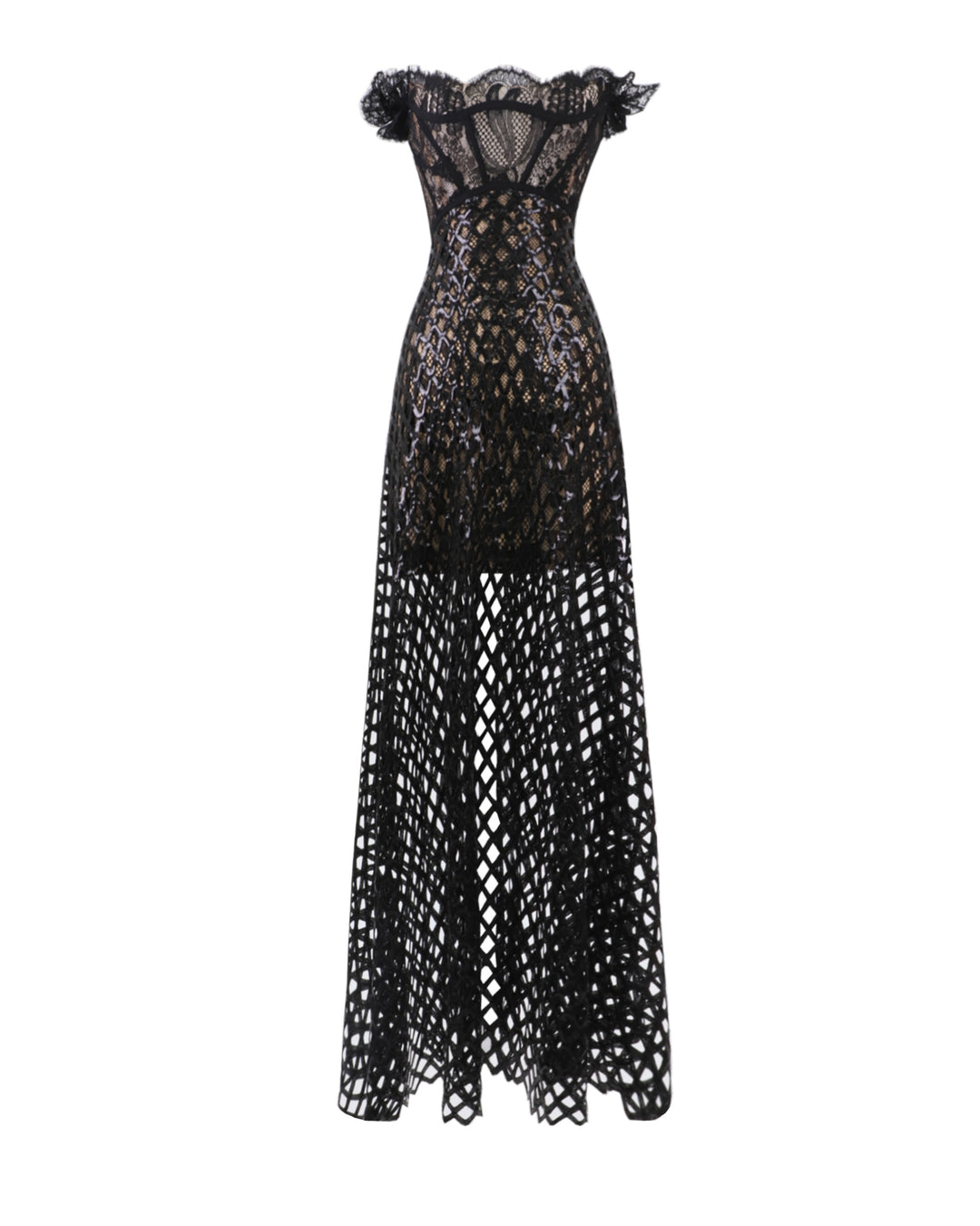 An off-shoulder sequins flared black dress with see-through details.