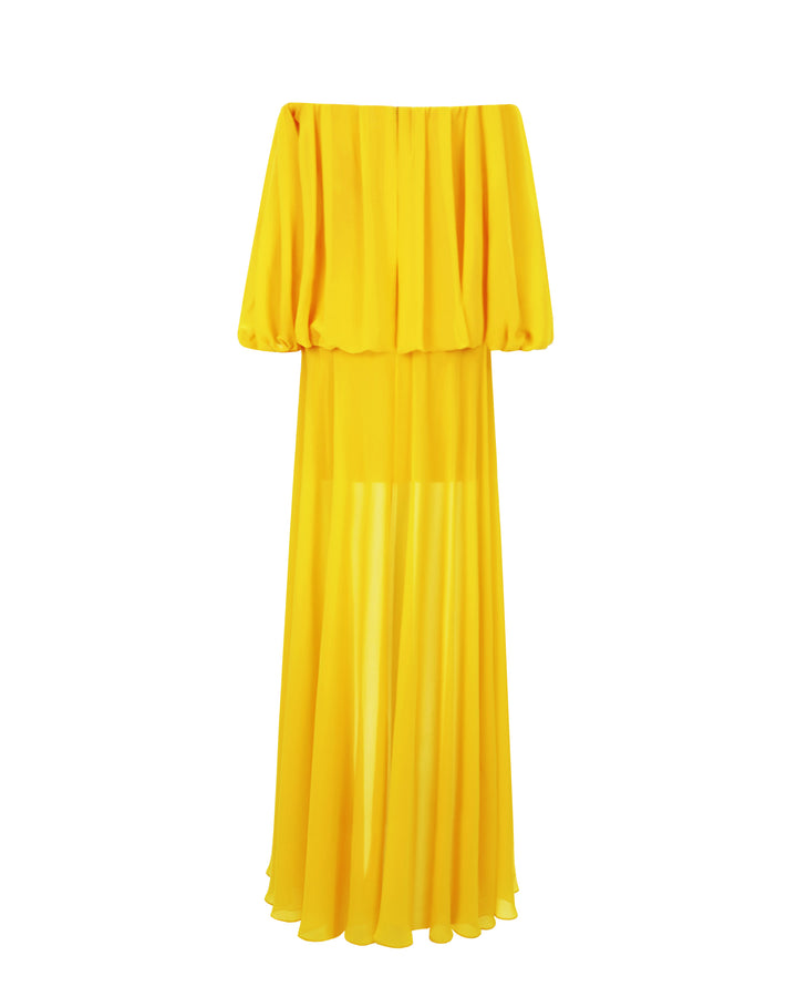 The back of a long-sleeved off-shoulders, loose cut chiffon yellow evening dress.