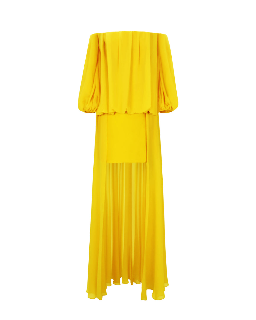 An off-shoulders, loose cut chiffon evening dress with an asymmetrical hemline.