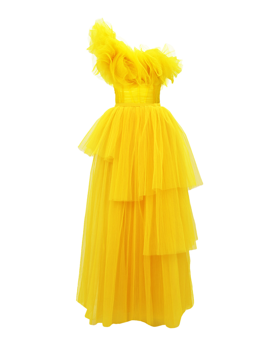 A one-shoulder yellow ruffled corset tulle dress with fully pleated wide skirt.