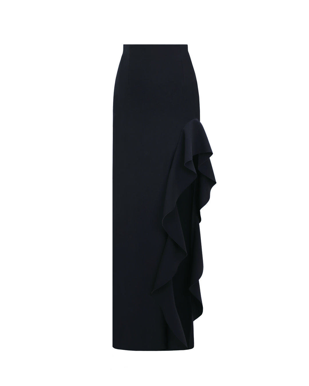 An asymmetrical black crepe skirt with ruffled details and a slit on the side.