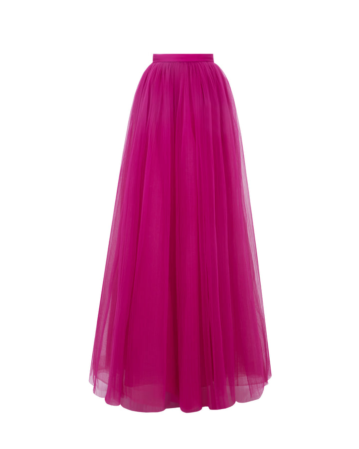 A fully-pleated tulle long fuchsia skirt.