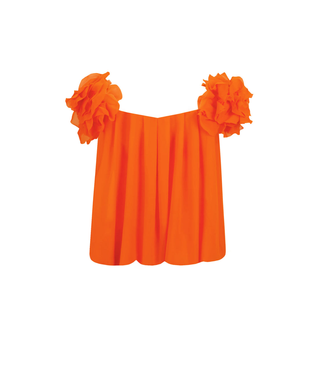 The back of an orange draped loose cut chiffon top with flower details on the shoulders.