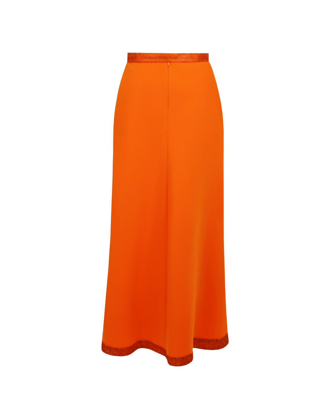 The back of a straight cut crepe orange skirt with sequin details on the waist and hemline.