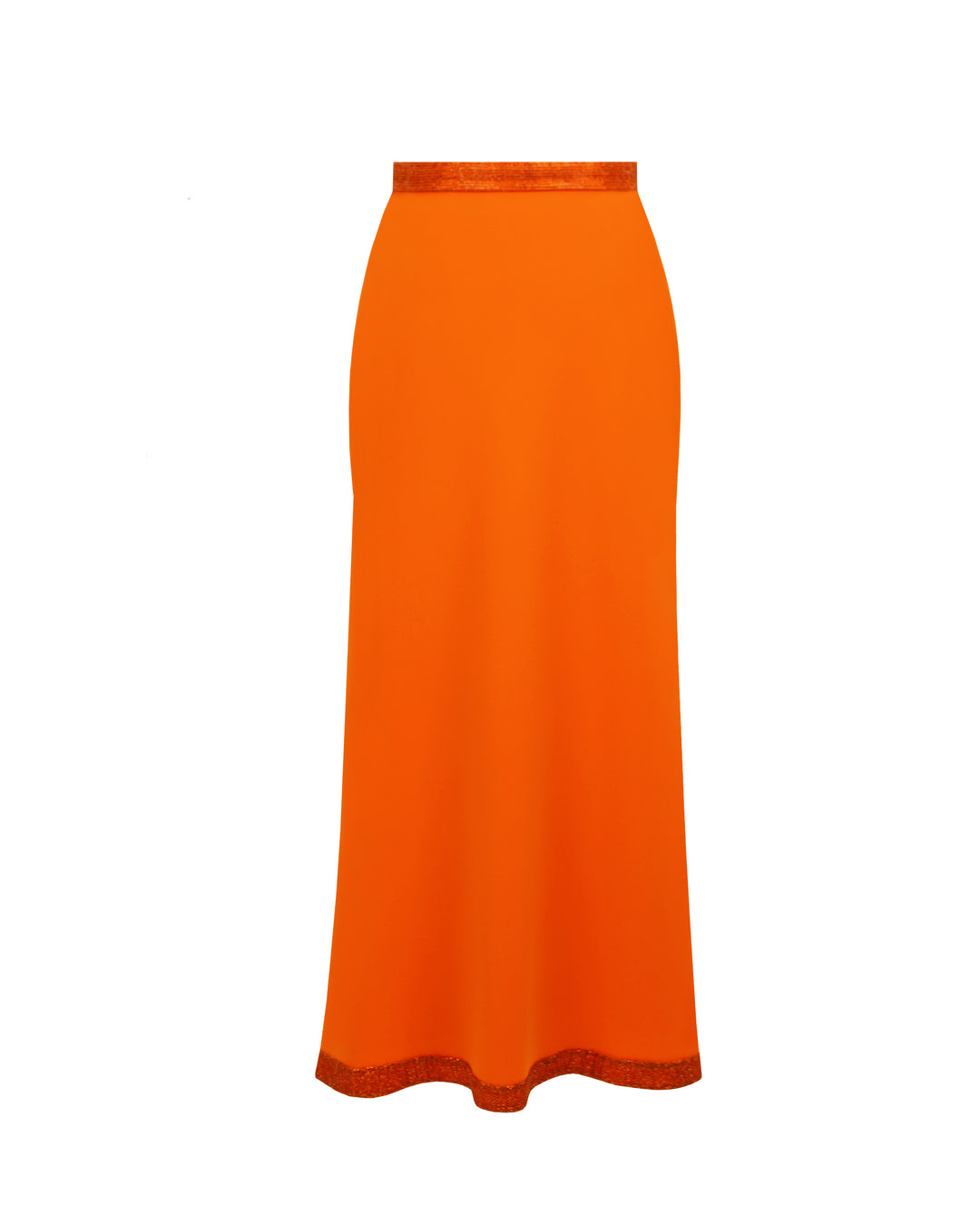 A straight cut crepe orange skirt with sequin details on the waist and hemline.